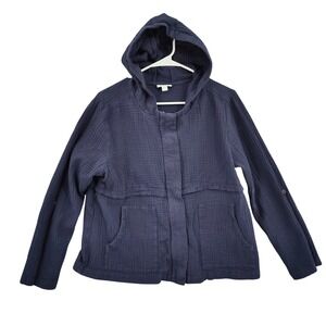 J. Jill Women Coastal Grandma Cotton Gauze Hooded Jacket L Petite Navy Full Zip